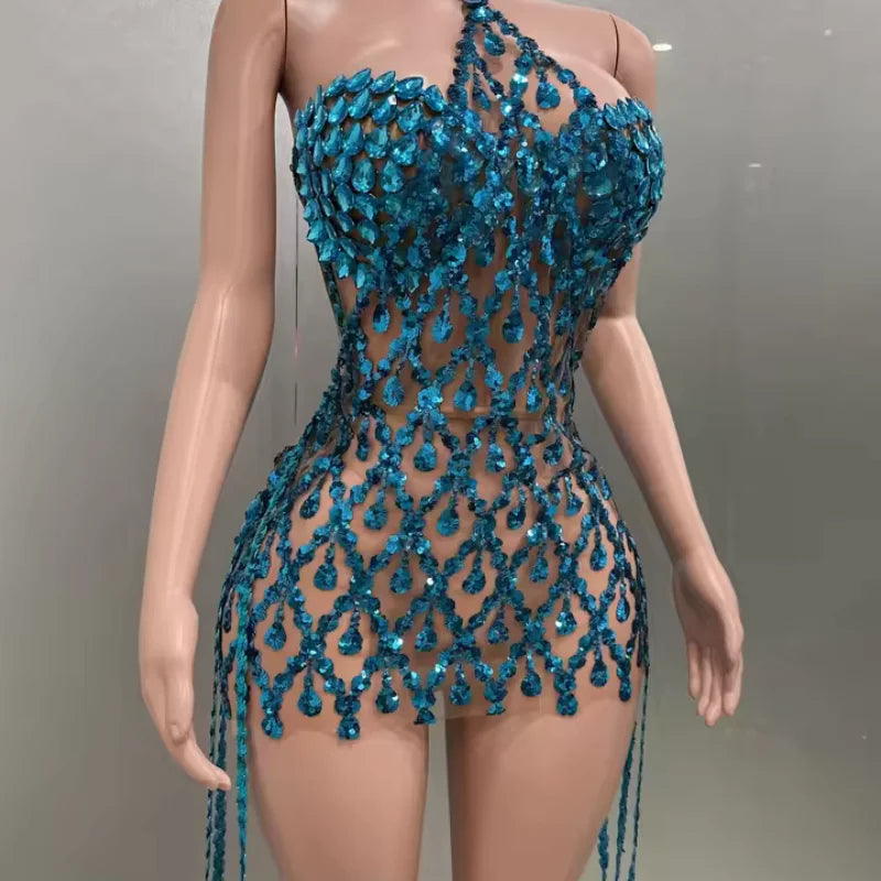 Yiling Glittering Blue Rhinestones Dress