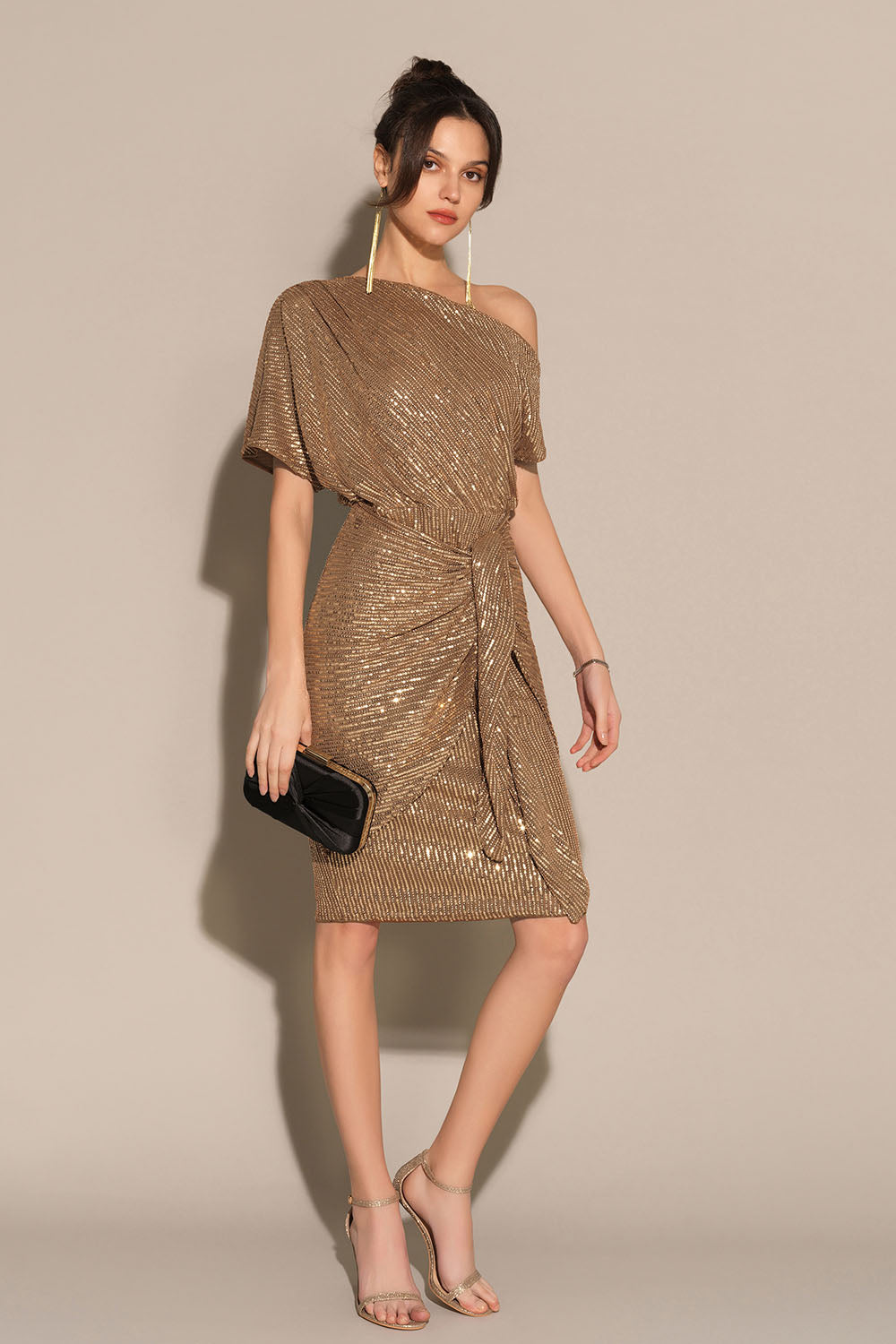 Shimmering Asymmetrical Off-Shoulder Midi Dress