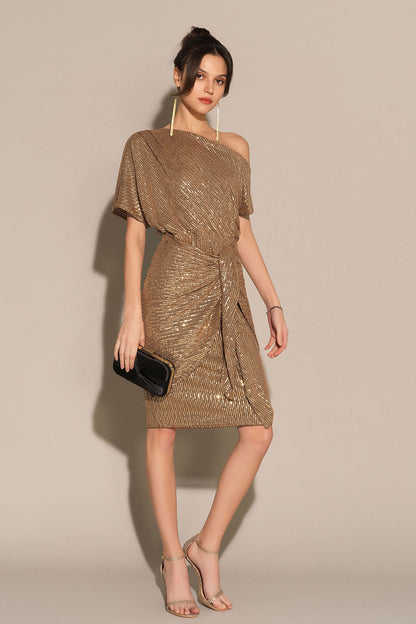 Shimmering Asymmetrical Off-Shoulder Midi Dress