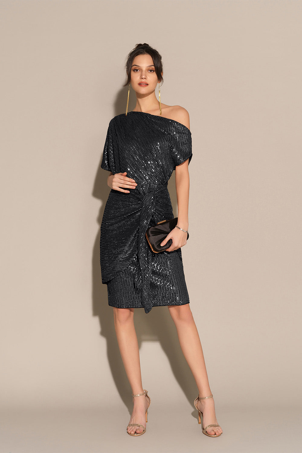 Shimmering Asymmetrical Off-Shoulder Midi Dress