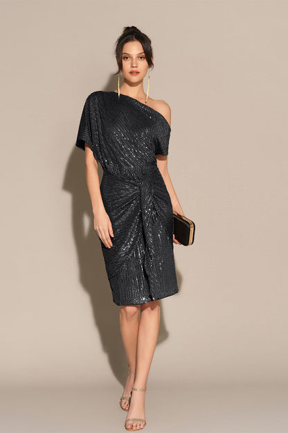 Shimmering Asymmetrical Off-Shoulder Midi Dress
