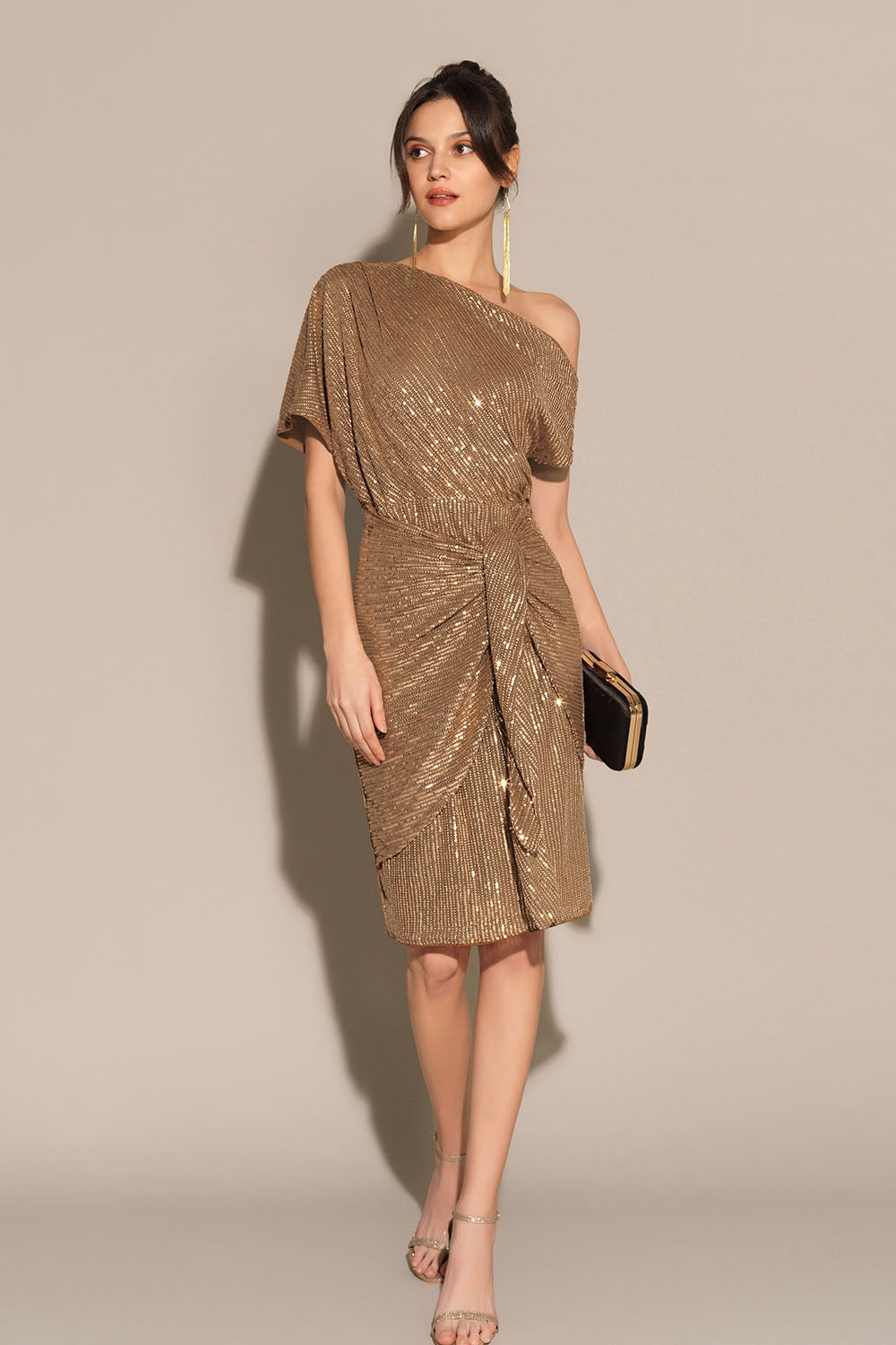 Shimmering Asymmetrical Off-Shoulder Midi Dress