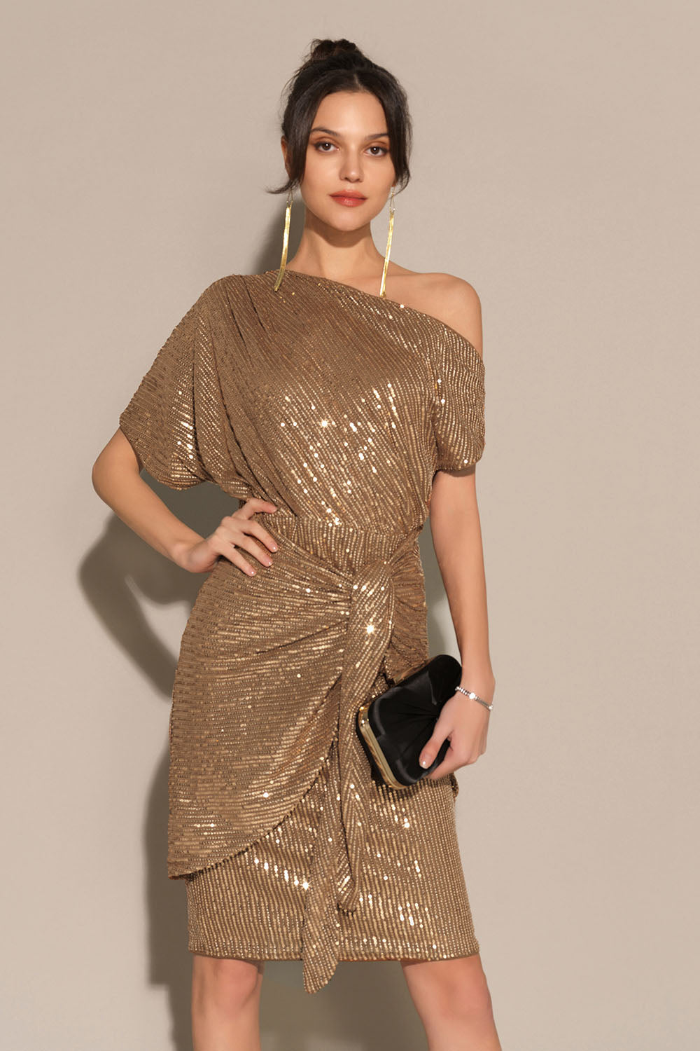 Shimmering Asymmetrical Off-Shoulder Midi Dress