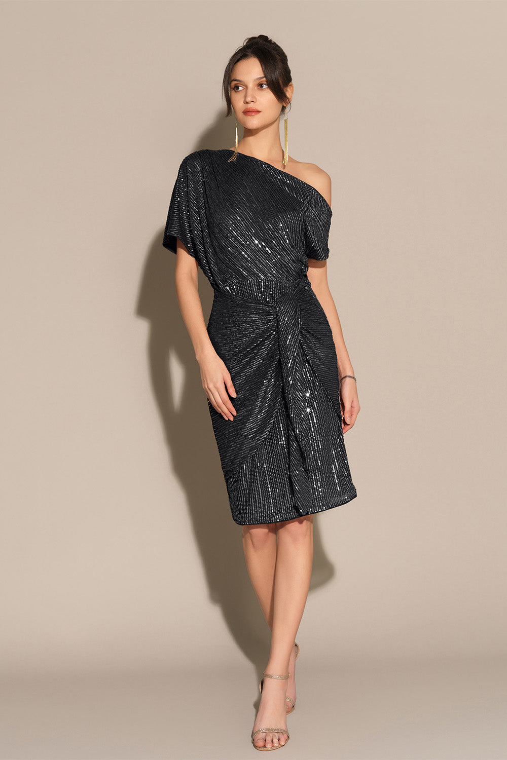Shimmering Asymmetrical Off-Shoulder Midi Dress