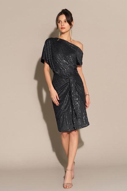 Shimmering Asymmetrical Off-Shoulder Midi Dress