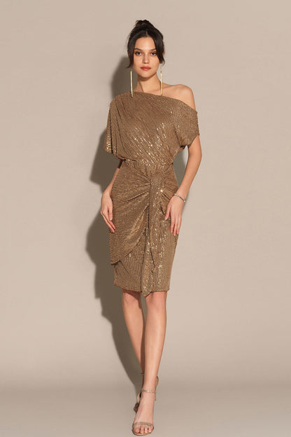 Shimmering Asymmetrical Off-Shoulder Midi Dress