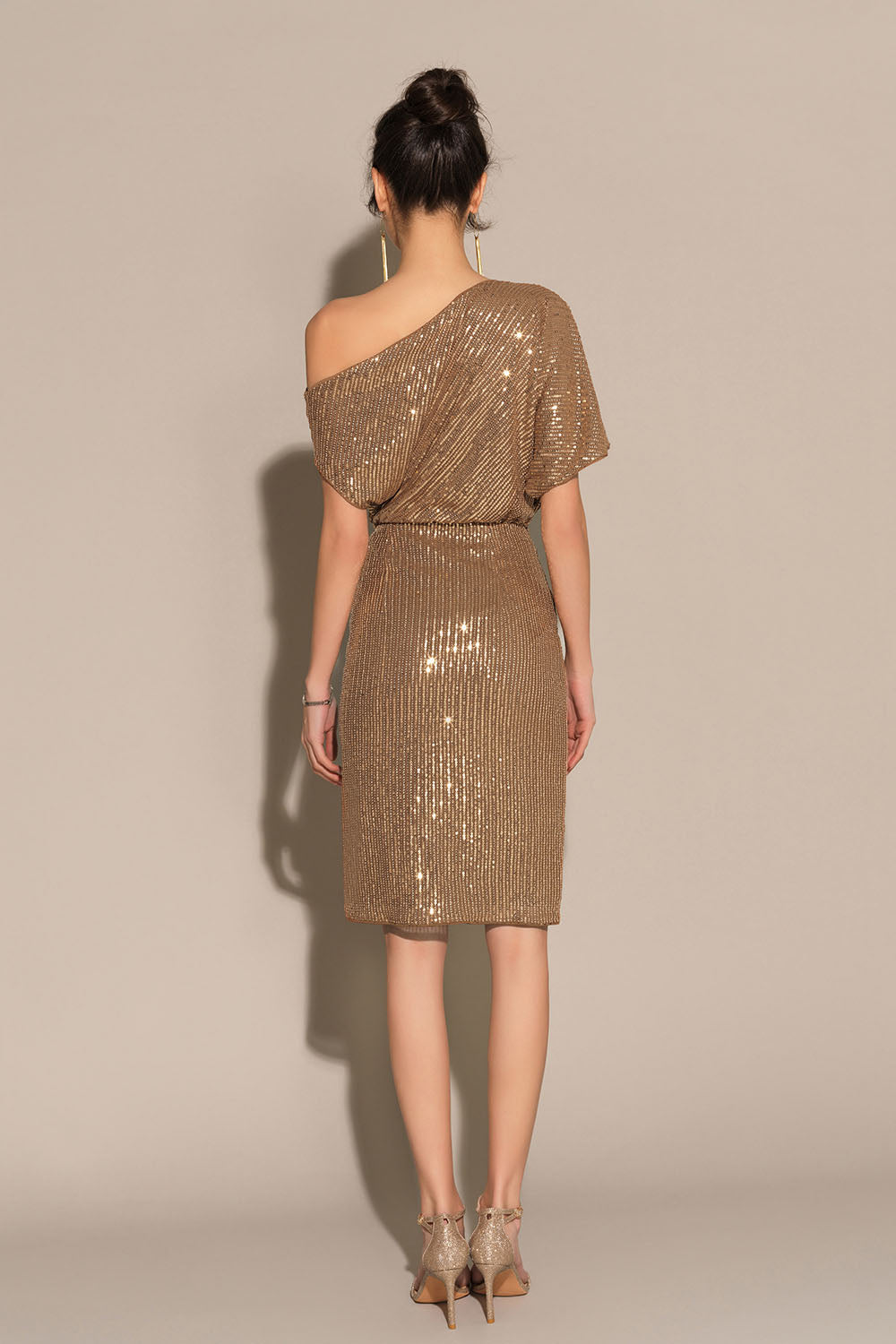 Shimmering Asymmetrical Off-Shoulder Midi Dress