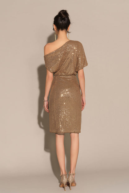 Shimmering Asymmetrical Off-Shoulder Midi Dress