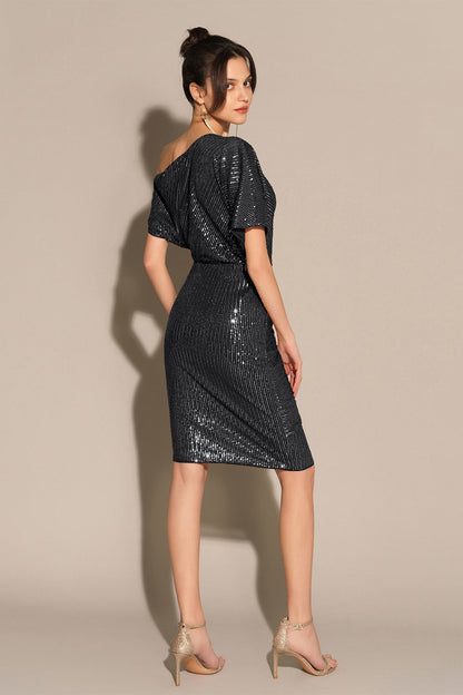 Shimmering Asymmetrical Off-Shoulder Midi Dress