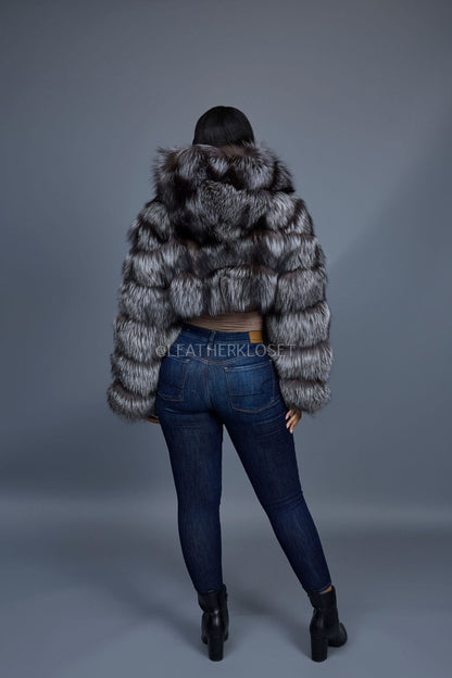 Silver Luxe Crop Bomber with Hood