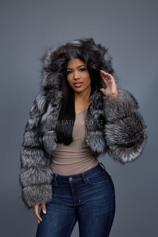 Silver Luxe Crop Bomber with Hood