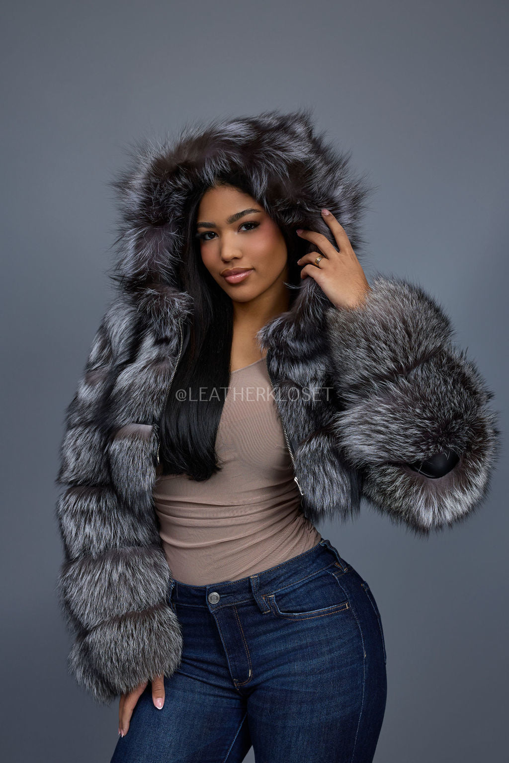 Silver Luxe Crop Bomber with Hood