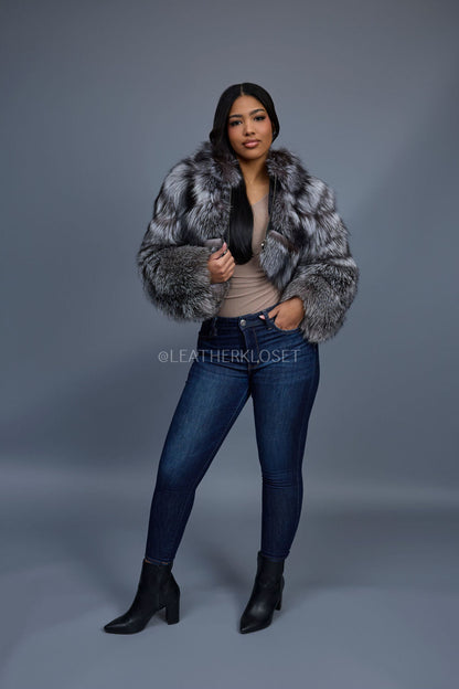 Silver Luxe Crop Bomber with Hood