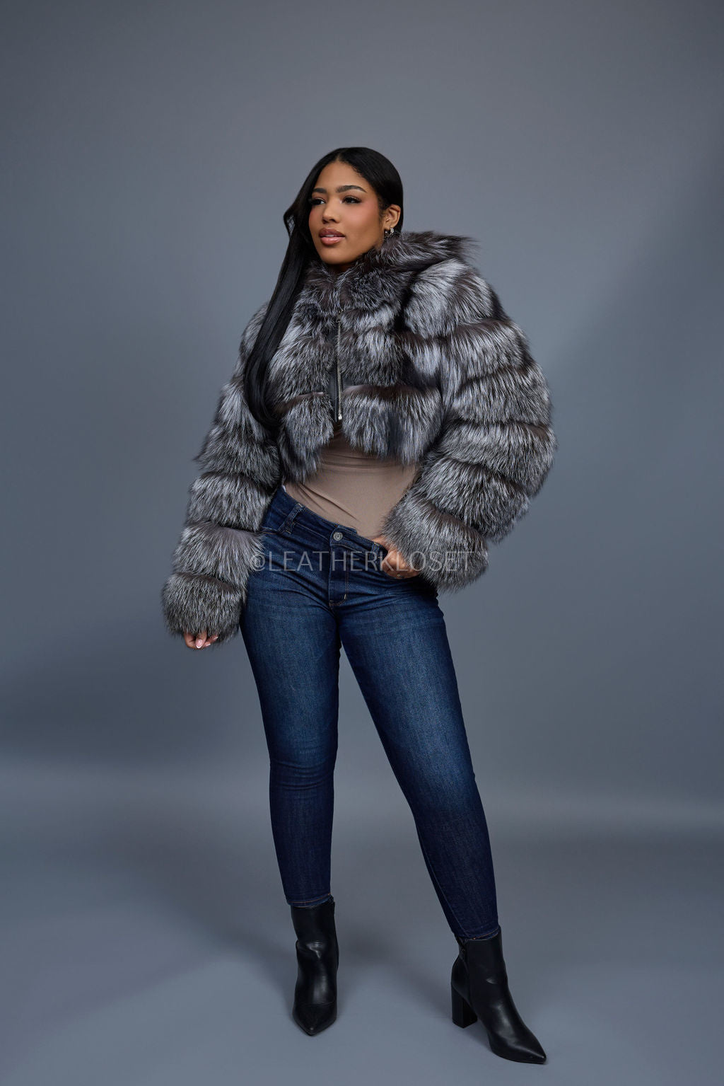 Silver Luxe Crop Bomber with Hood