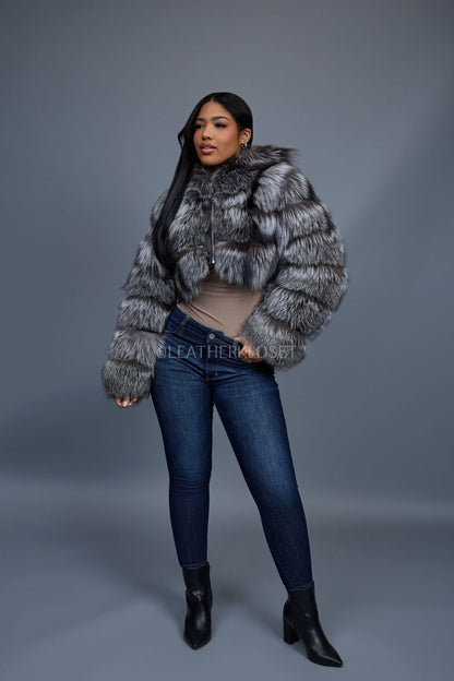 Silver Luxe Crop Bomber with Hood