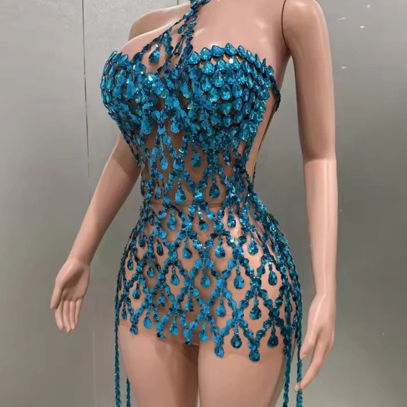 Yiling Glittering Blue Rhinestones Dress