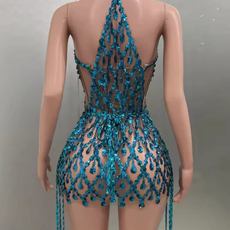 Yiling Glittering Blue Rhinestones Dress
