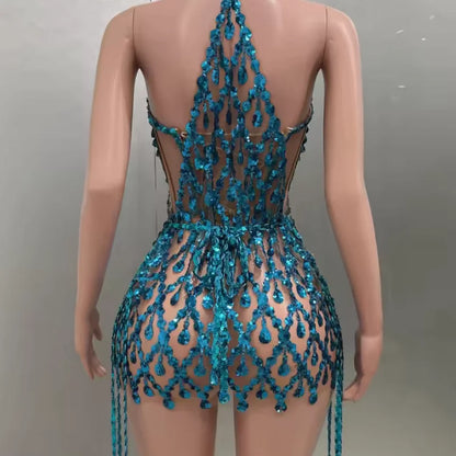 Yiling Glittering Blue Rhinestones Dress