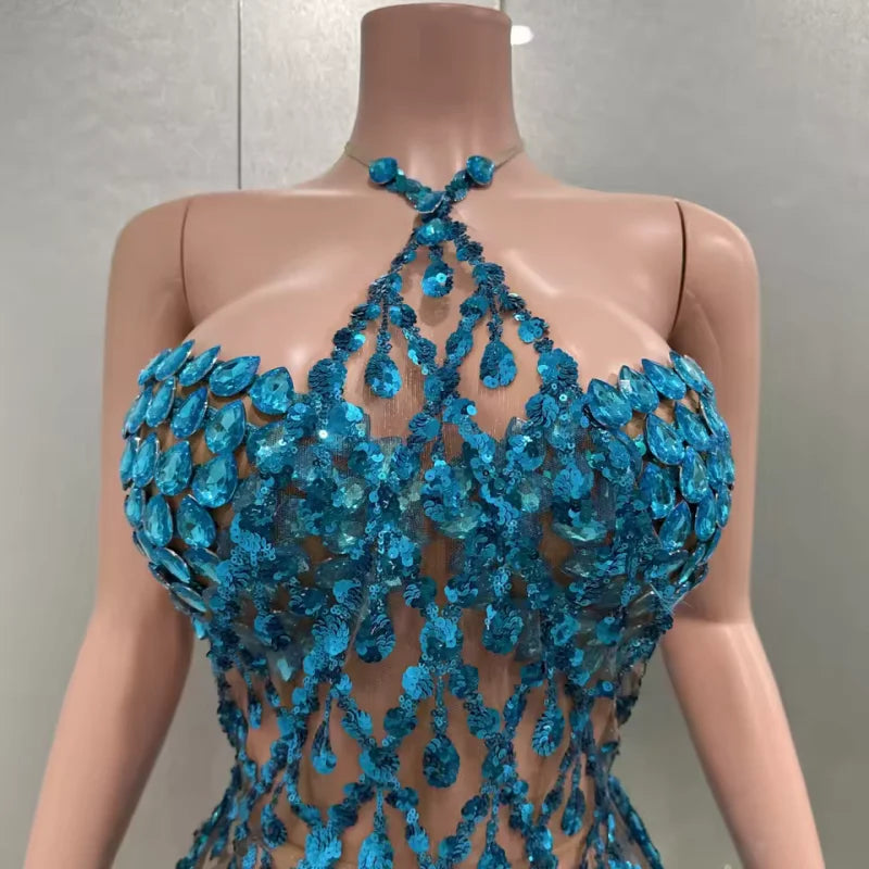Yiling Glittering Blue Rhinestones Dress