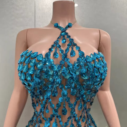 Yiling Glittering Blue Rhinestones Dress