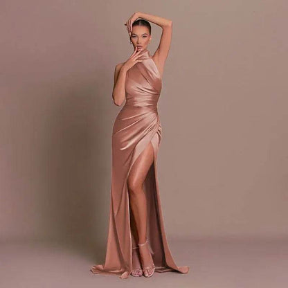 Silken Allure Backless Evening Dress