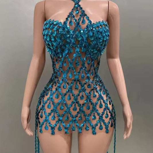 Yiling Glittering Blue Rhinestones Dress