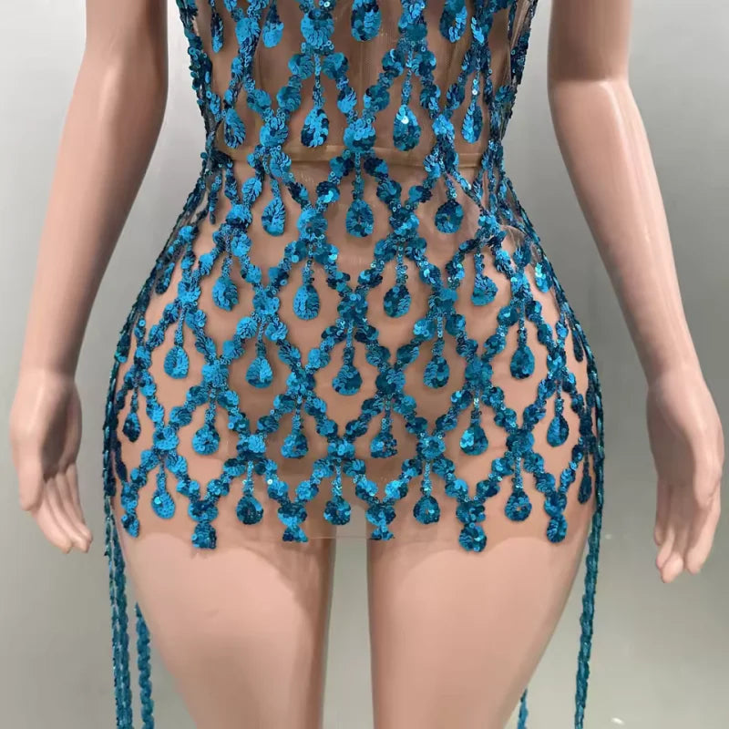 Yiling Glittering Blue Rhinestones Dress