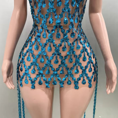 Yiling Glittering Blue Rhinestones Dress
